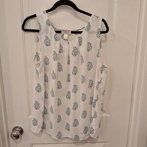 LOFT Sleeveless White Teal Print Blouse | Lightweight Summer Top